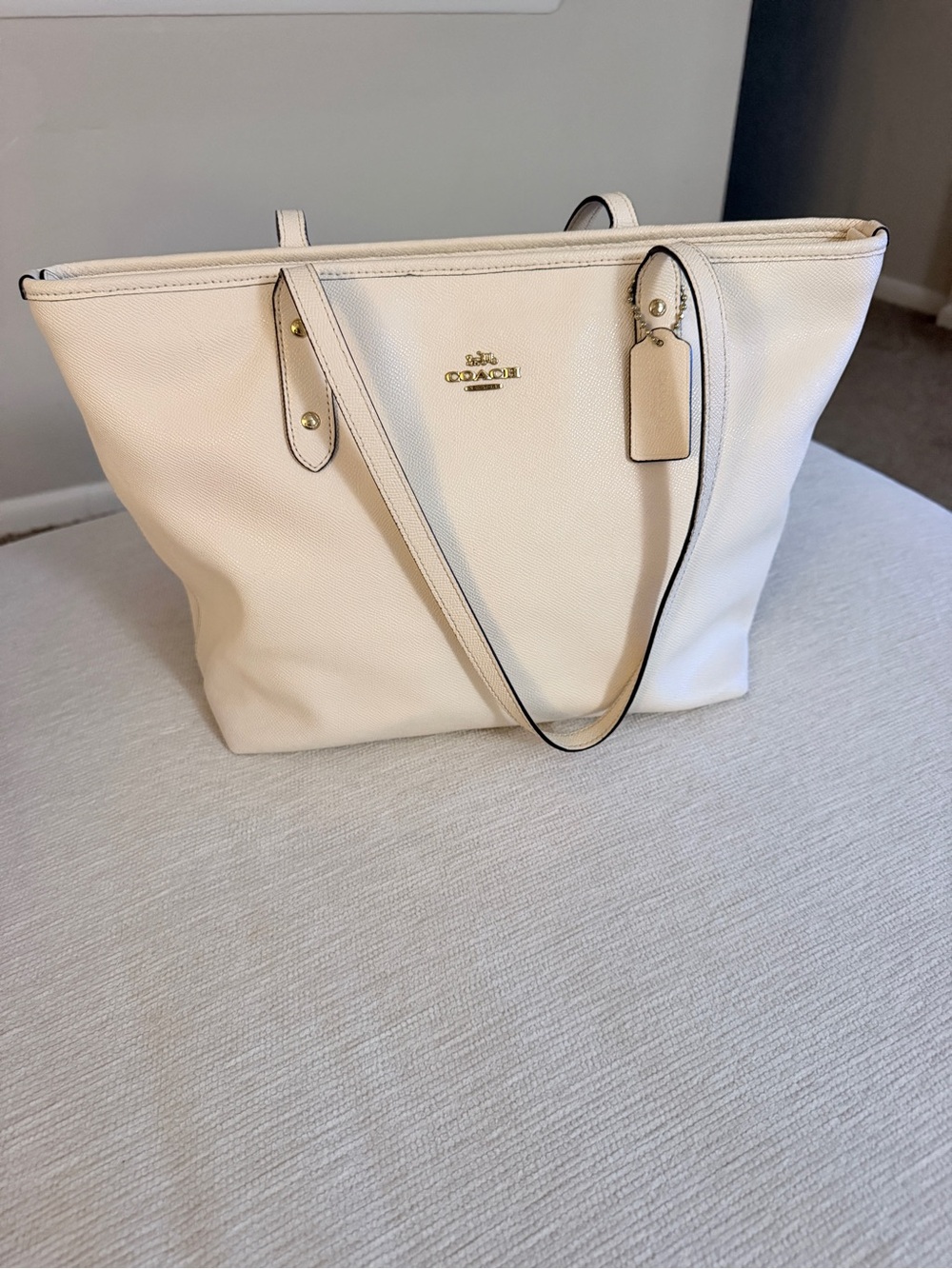 Coach White/Ivory Saffiano Leather Zip Top Tote Bag